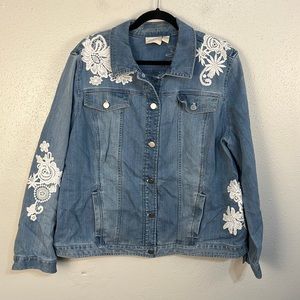 Chicos embellished jean jacket with back panel size 4